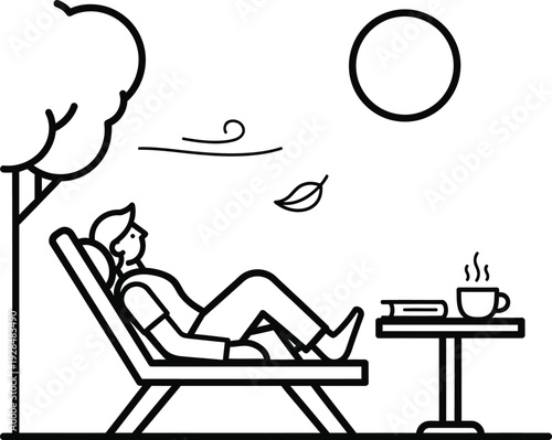 Person relaxing on a lounge chair under a tree with a cup of coffee on a table nearby on a sunny wqe day
