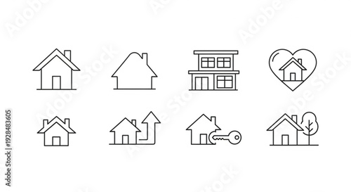 Set of simple black line house icons on white background including various home and real estate symbols like keys and hearts