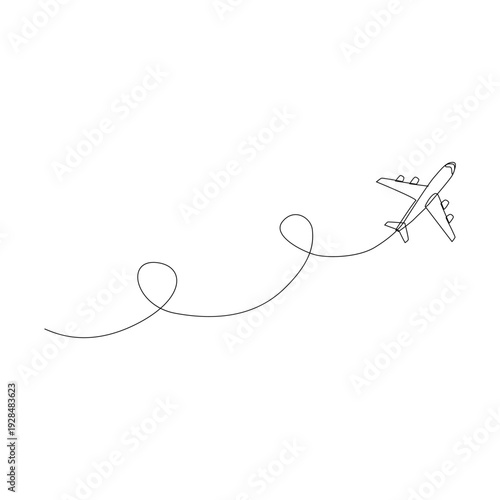 Minimalist one line drawing illustration of an aircraft featuring a decorative flight trajectory path in the air.