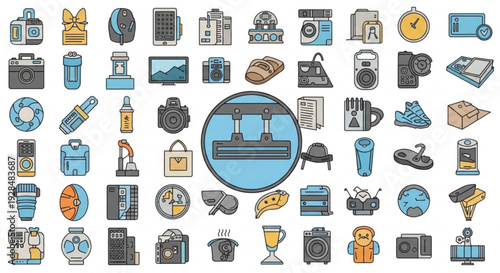 Travel and tourism icons set with magnifying glass on a cityscape various objects