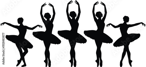 Black silhouettes of a group of ballerinas in tutus 
