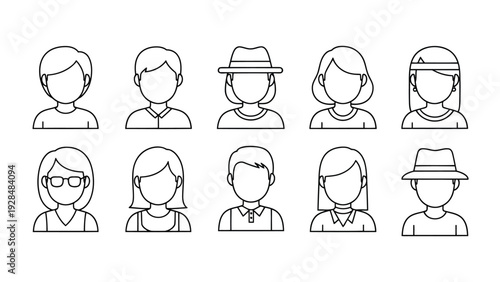 Collection of diverse stylized human profile illustrations with various headwear and accessories Vector