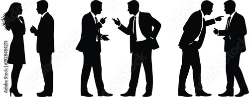 Black silhouettes of business people arguing, talking and pointing fingers during a heated discussion or conflict isolated on white background.