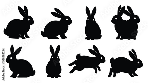 Dynamic silhouettes of rabbits in various playful and athletic poses Vector