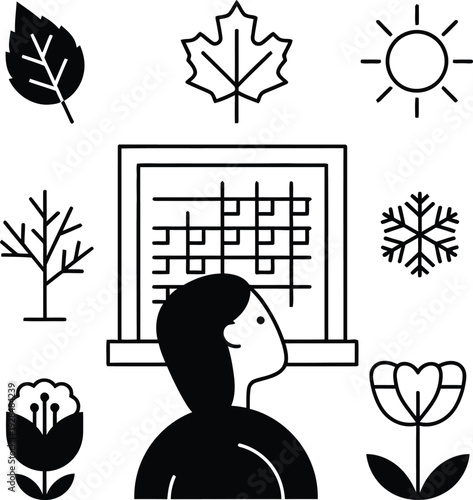 A person solving a maze surrounded by nature elements, plants, and seasonal symbols in a monochrome illustration.