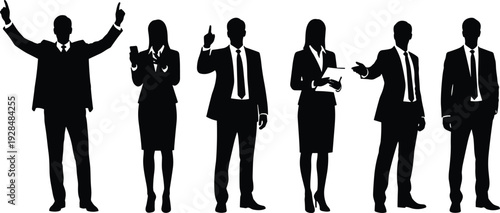 Black silhouettes of business people in suits standing, presenting, using phone and tablet isolated on white background for corporate concepts.