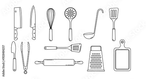 Kitchen Utensils Collection Line Art Illustration.