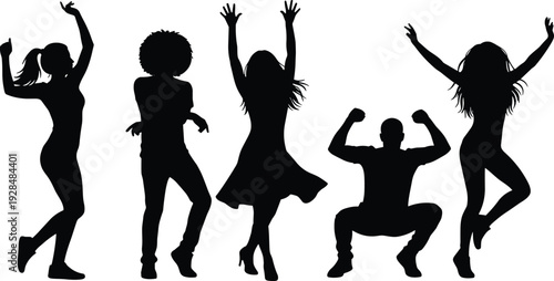 Black silhouettes of happy people dancing, jumping, and celebrating together in a diverse group isolated on a white background (20 words)