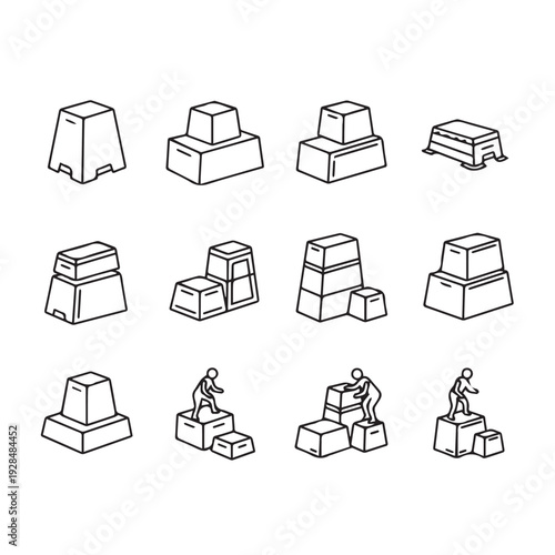 Gymnastic Vaulting Boxes and Figures Set Line Art Icons Vector Illustrations