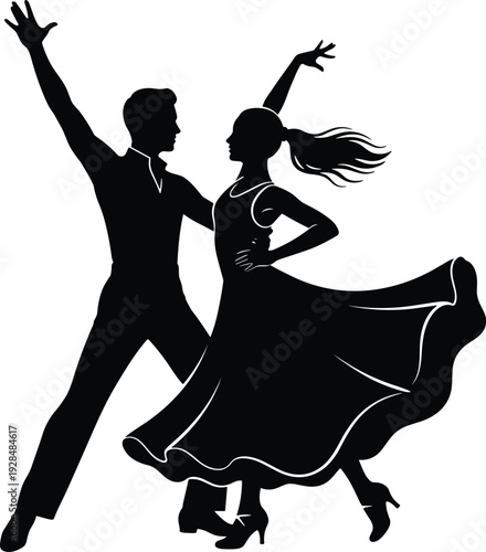 Black silhouettes of happy people dancing, jumping, cheering and celebrating success together in various energetic poses isolated on white background.