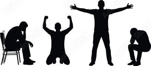 Black silhouettes of men expressing various emotions, sitting on chair, kneeling with hands raised, and standing isolated on white background.