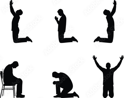 Black silhouettes of men praying in different positions, kneeling, sitting on a chair, and praising isolated on a white background.