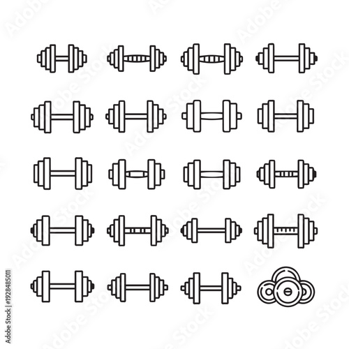Dumbbell Set Collection Various Designs for Fitness and WeightliftingLine Art Icons