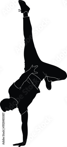 Black silhouette of a male breakdancer performing a difficult one handed handstand balance pose isolated on a plain white background.