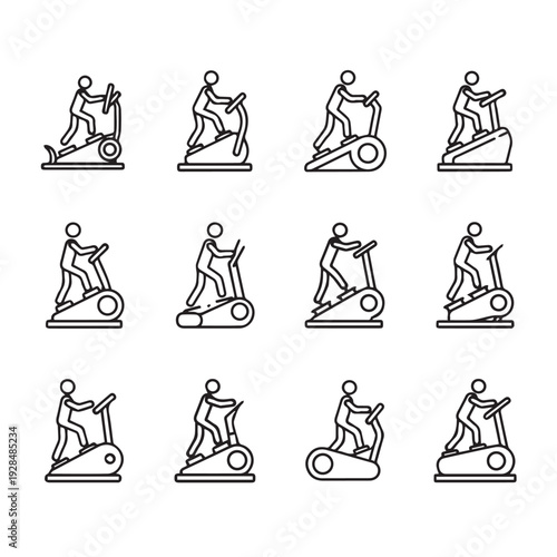 Elliptical Machine Icons Set Person Exercising on Fitness Equipment Simple Line Art
