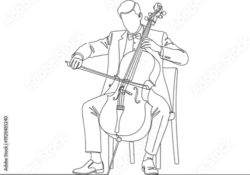 Continuous line drawing of a professional male musician playing cello while sitting on a chair isolated on white background for design.