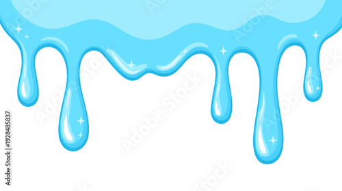 Blue slime dripping border, glossy liquid water drops, melting paint splash vector illustration on transparent background