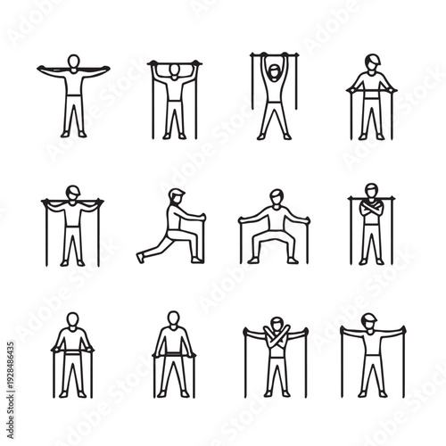 Fitness Exercise Icons Set with Resistance Bands Vector Illustrations of People Training