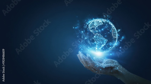 A hand holding a glowing digital representation of Earth against a dark blue background