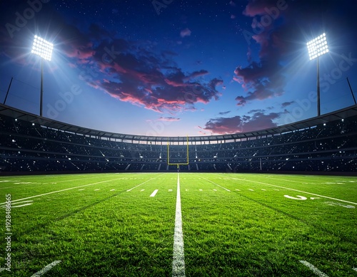 Vibrant American Football Stadium Under a Dramatic Evening Sky.