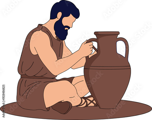 Ancient pottery illustration, traditional craftsman art, cultural heritage drawing, clay pot making, artisan skill design, historical amphora creation, handmade ceramic artwork