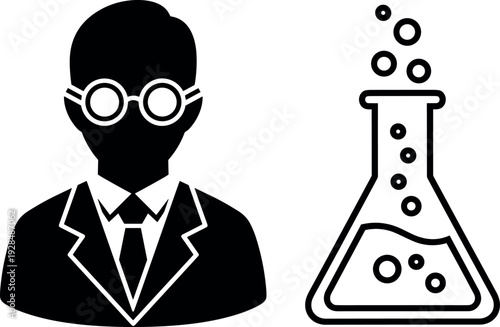 Black and white scientist icon, laboratory flask experiment, researcher with glasses, science professional illustration, chemistry research symbol, minimal vector art design