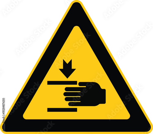 Fotografía Crush Hazard Warning Sign – Yellow Triangle Hand Compression Symbol