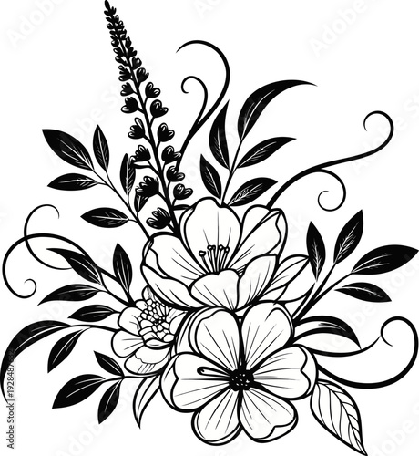 A detailed black and white illustration of a floral arrangement centered against a stark white background. The composition features a cluster of various flowers, including those resembling peony-like 