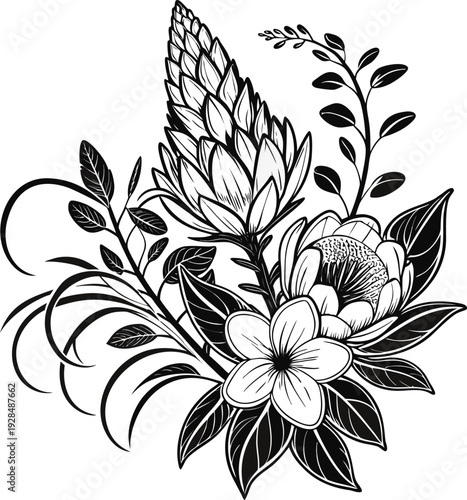 A detailed black and white illustration of a floral arrangement centered against a stark white background. The composition features a cluster of various flowers, including those resembling peony-like 