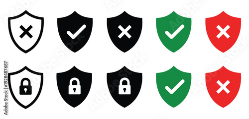 Protective security shield icon set, shield lock, unlock, and check mark protection symbols, editable stroke vector graphics, privacy and access control concept, modern digital security and safety int