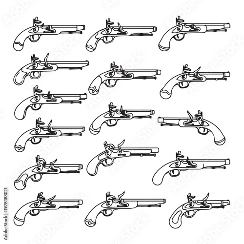 Flintlock Pistols Pattern Antique Firearm Collection Historical Weaponry Vintage Design Vector Illustration