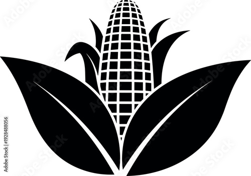 Corn cob with leaves silhouette vector icon, black maize logo design, agriculture harvest symbol isolated on white background