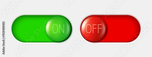 Realistic 3D green ON and red OFF toggle switch button for power, status and control states in modern UI design