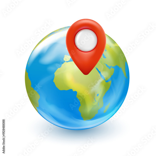 Glossy 3d globe with red location pin marker. Point on Earth. Symbol of GPS navigation. Global and travel position