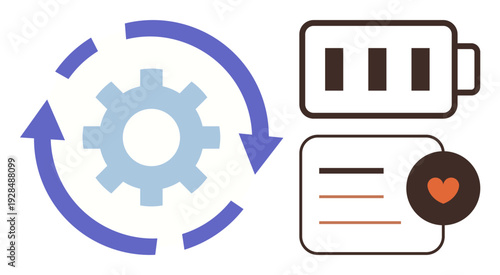 Productivity, efficiency, workflow management, energy conservation, sustainability, priorities. Gear with arrows, battery heart with document. Productivity and efficiency concept