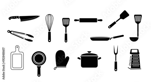 Collection of Black Kitchen Utensils and Tools.