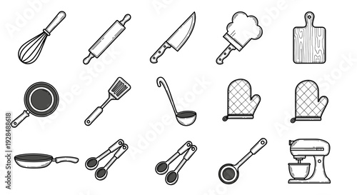Collection of Black and White Kitchen Utensils.