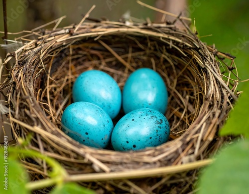Vibrant Blue Robin Eggs Nestled in a Twiggy Bird Home.