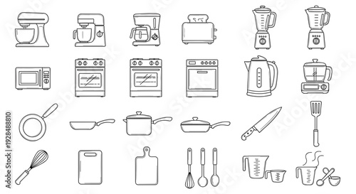 Kitchen Appliances and Utensils Line Icons Set.