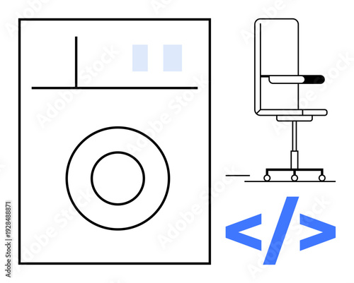Office work, coding, software development, innovation, remote work, household technology. Minimalistic artwork combining a chair, washer icon and coding symbol. Office work and coding concept