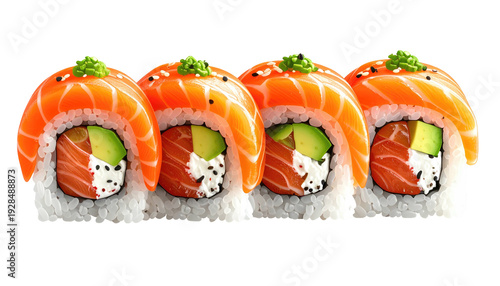Four pieces of sushi arranged side-by-side. The sushi features salmon draped over a filling of cream cheese and avocado