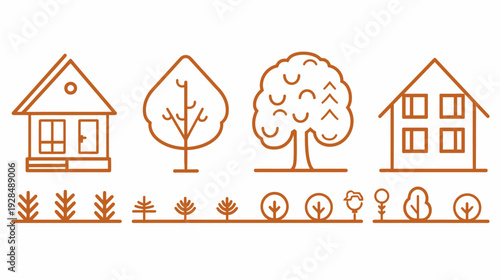 Linear illustration of homes, trees, and other plant life in a minimalist brown style