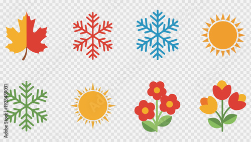 Four seasons flat icon collection. Includes autumn maple leaf, winter snowflakes, summer sun, and spring flowers symbols. Created in flat style with red, orange, yellow, green, and blue palette.
