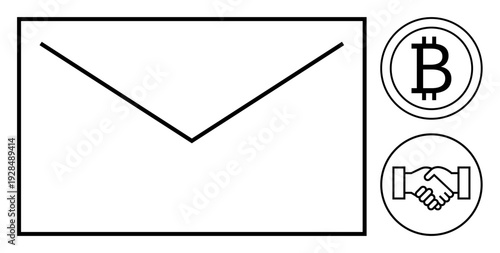 Email communication. with an envelope icon alongside Bitcoin and handshake symbols. Email communication plays a key role in cryptocurrency transactions and business dealings. For fintech, business