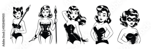 Five Retro Pin Up Girls In Black Outfits vintage women