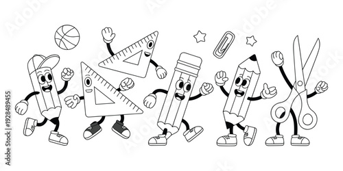 Black and white cartoon school supplies dancing characters