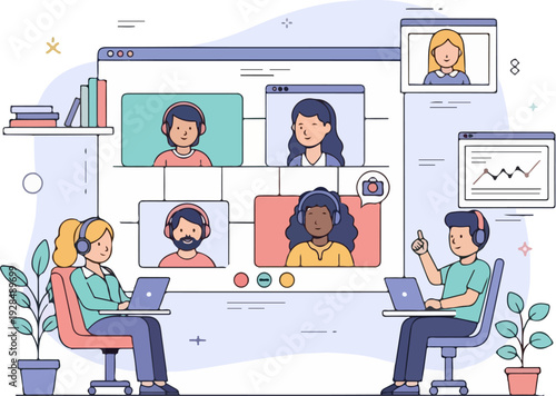 People attending a video conference call on a large computer screen with two people working on laptops in the foreground, surrounded by office elements