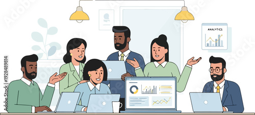 Diverse business team collaborating in an office setting with laptops displaying data and charts, two yellow pendant lights hanging from the ceiling