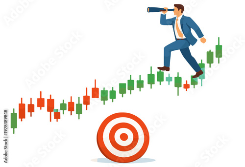 Businessman in blue suit walking up a green and red candlestick chart while looking through a blue telescope towards a red and white target, isolated on white background