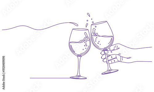 Elegant wine glasses clinking in purple dotted line art